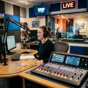 Radio host wearing headphones speaking into microphone at City FM 98.1 studio with audio mixing console